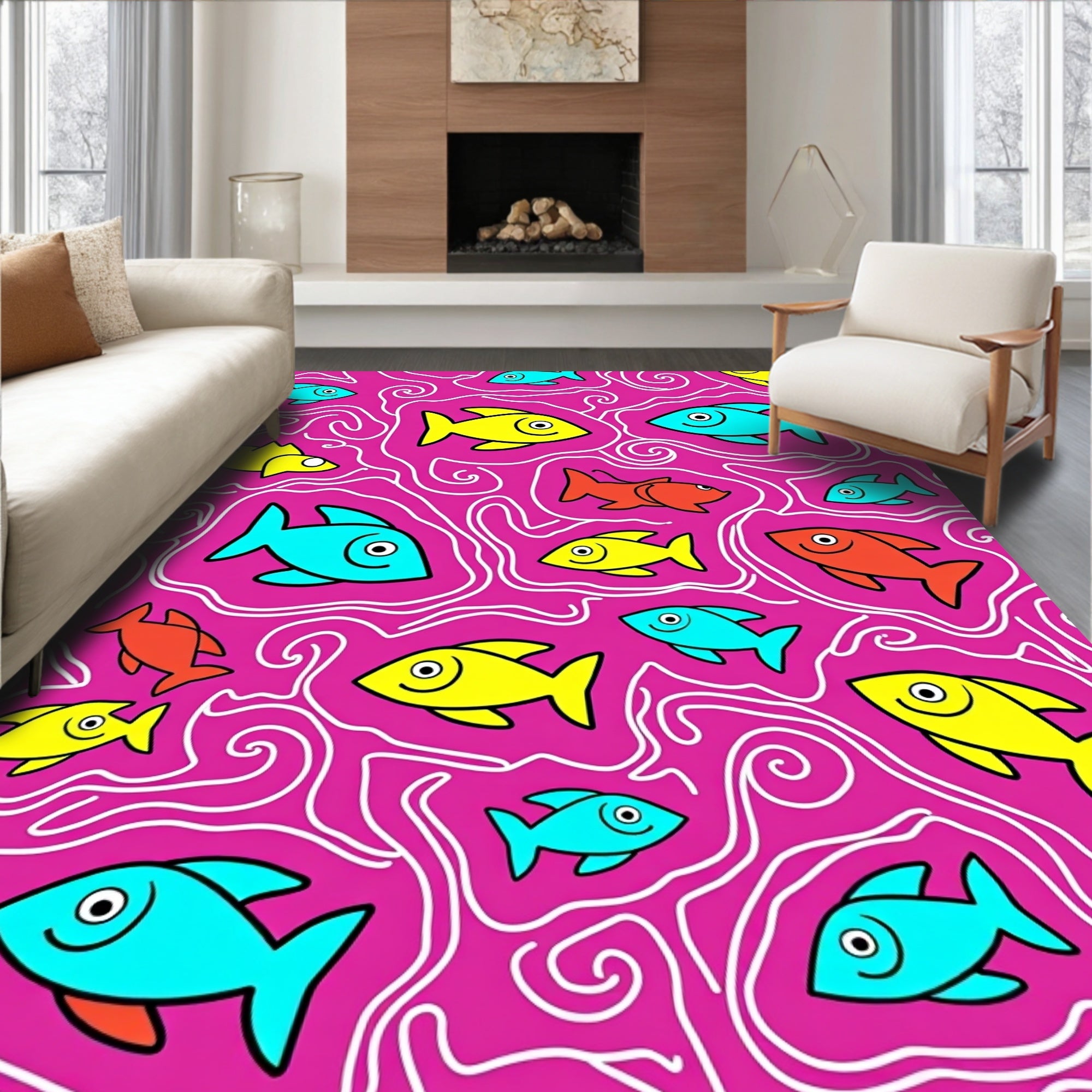 Playful Fish Swirls Pink Rug