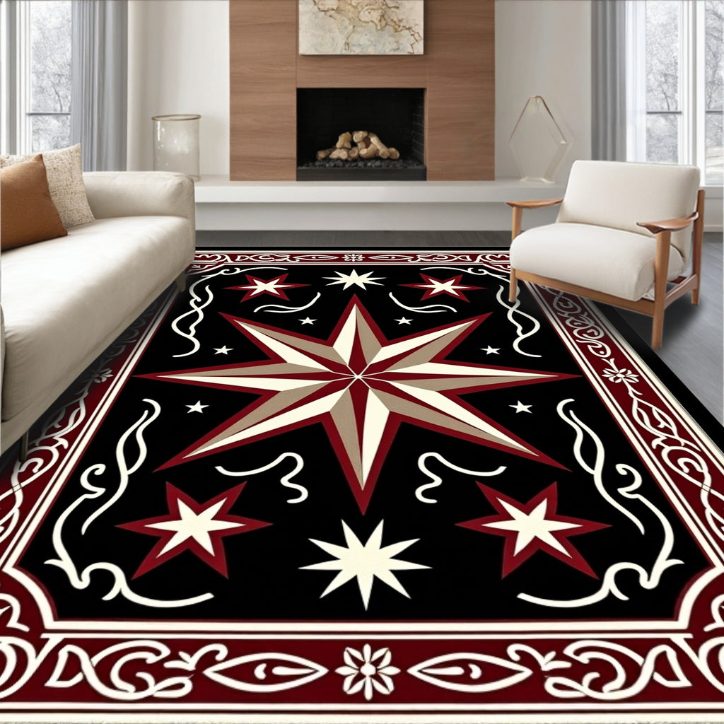 Crimson Black Starburst Geometric Border Rug