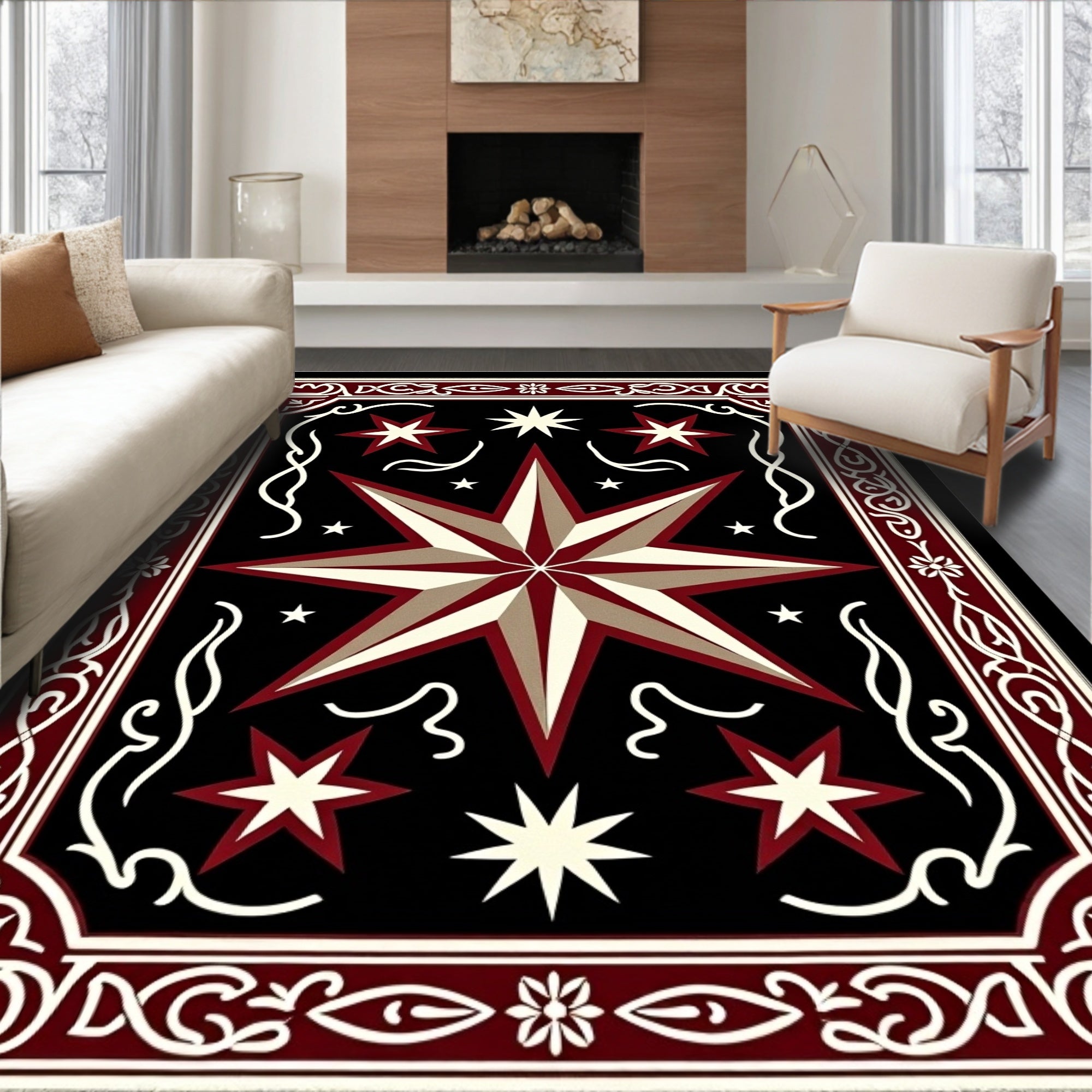 Crimson Black Starburst Geometric Border Rug