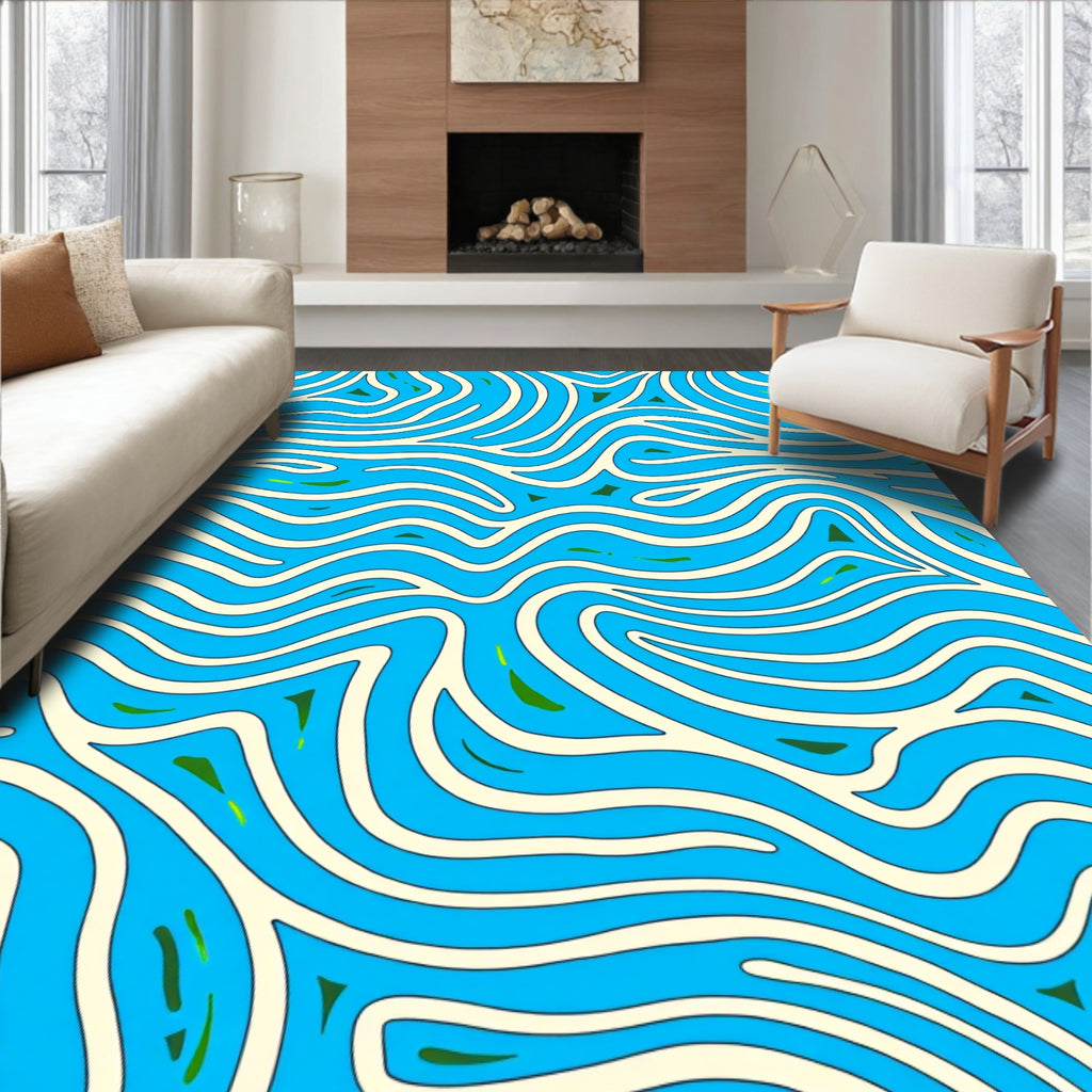 Curving White Aqua Organic Lines Rug
