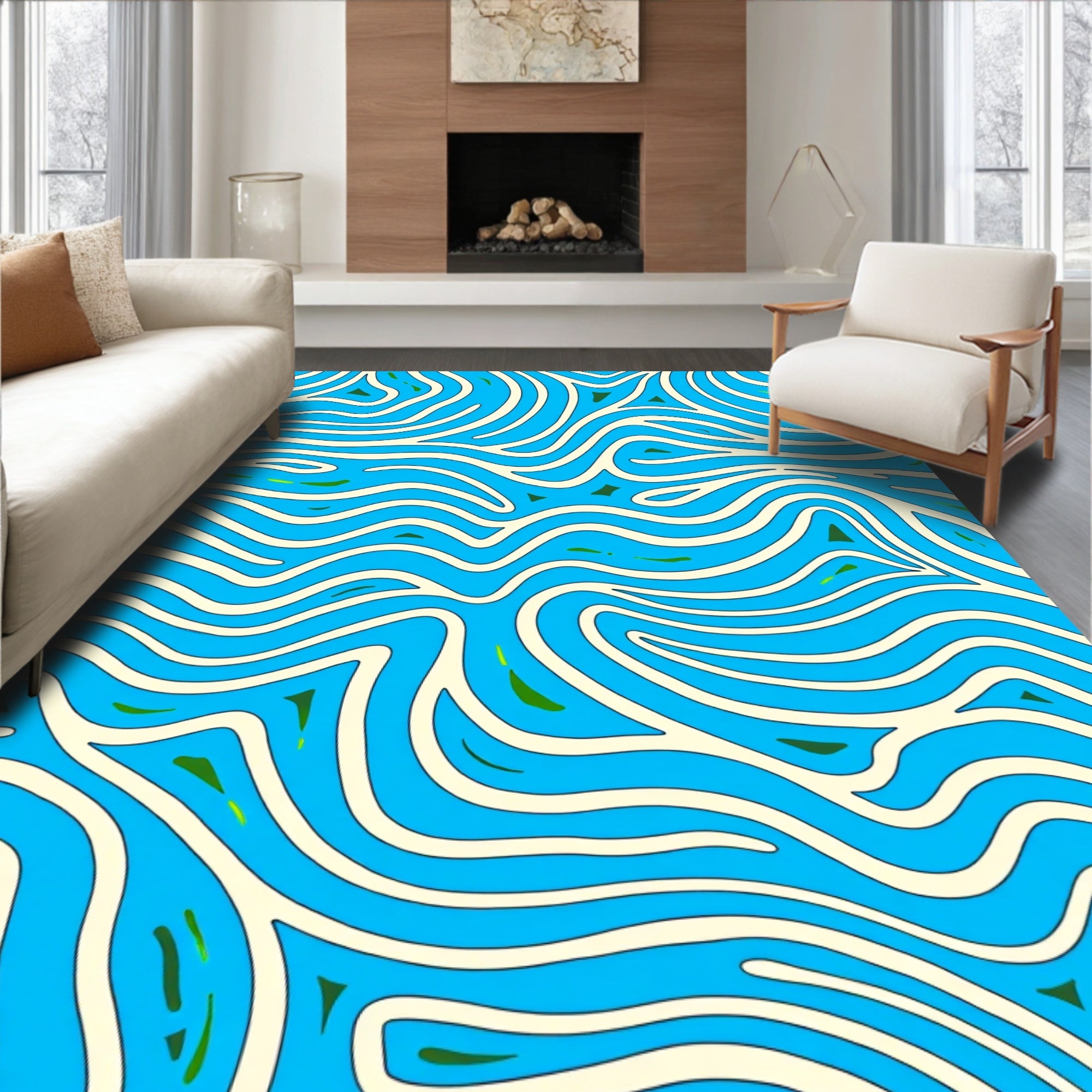Curving White Aqua Organic Lines Rug