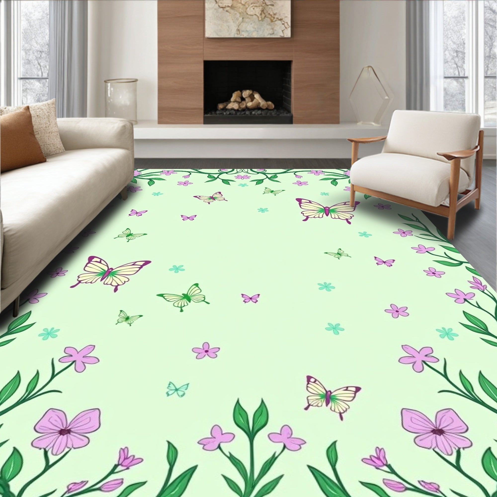 Pale Green Butterfly Floral Swirl Rug