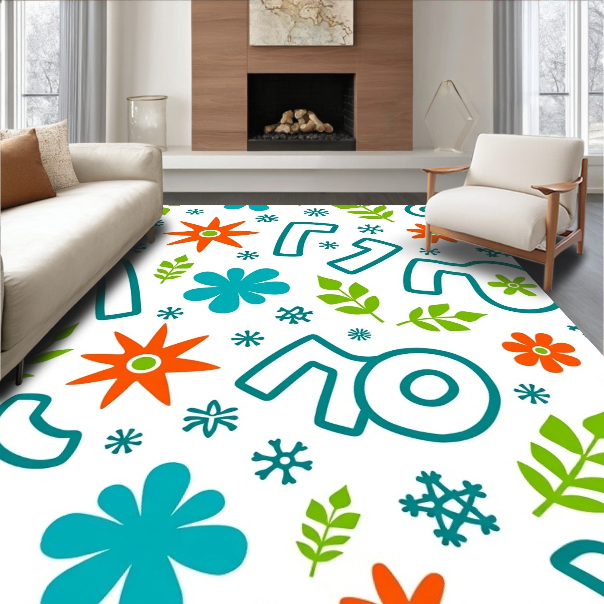 Retro Teal Orange Floral Leaves Rug