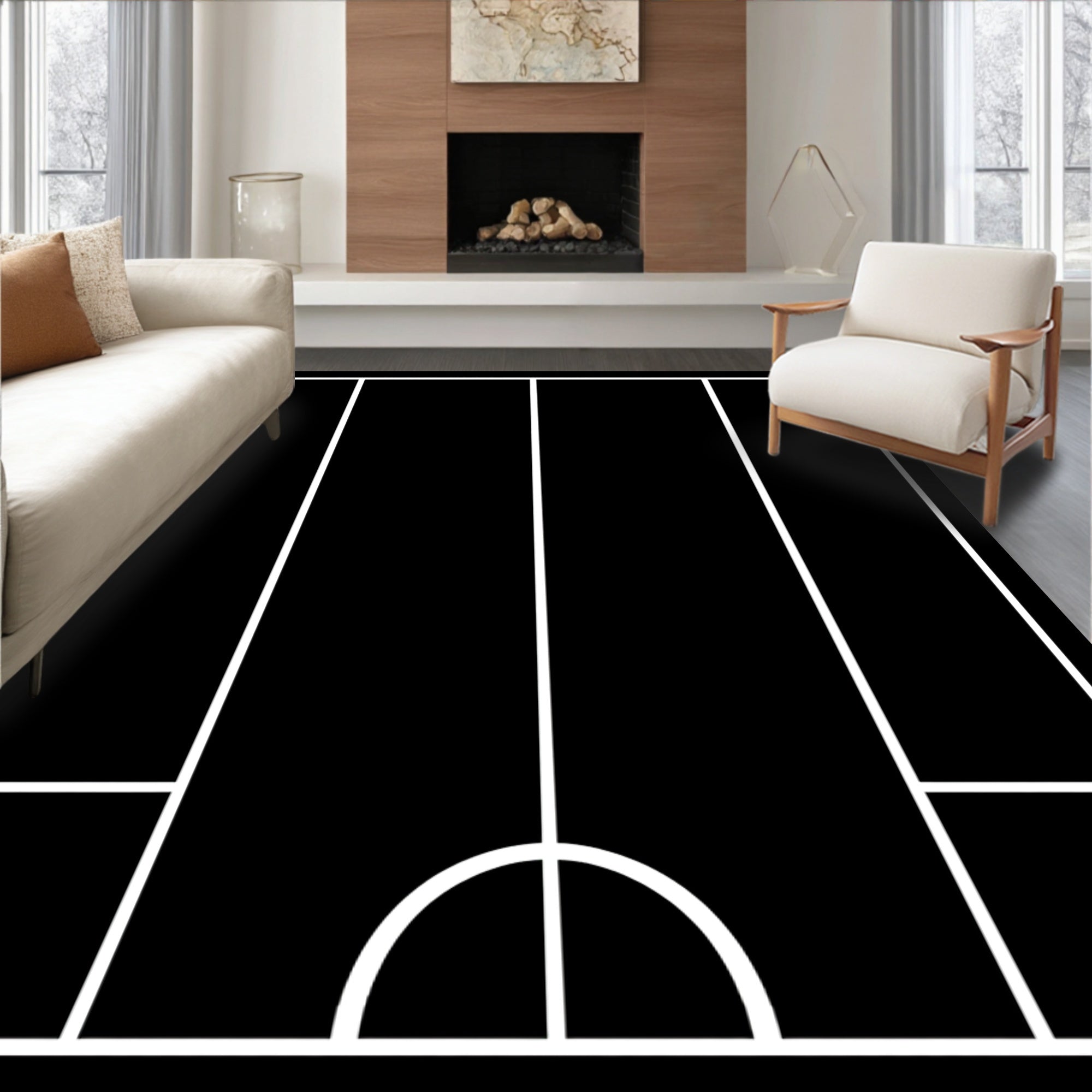Black White Geometric Court Field Rug