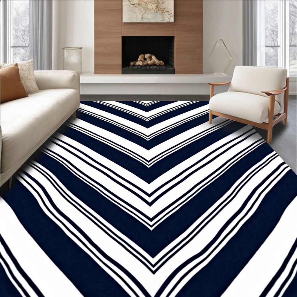 Dynamic Navy White Chevron Stripes Rug