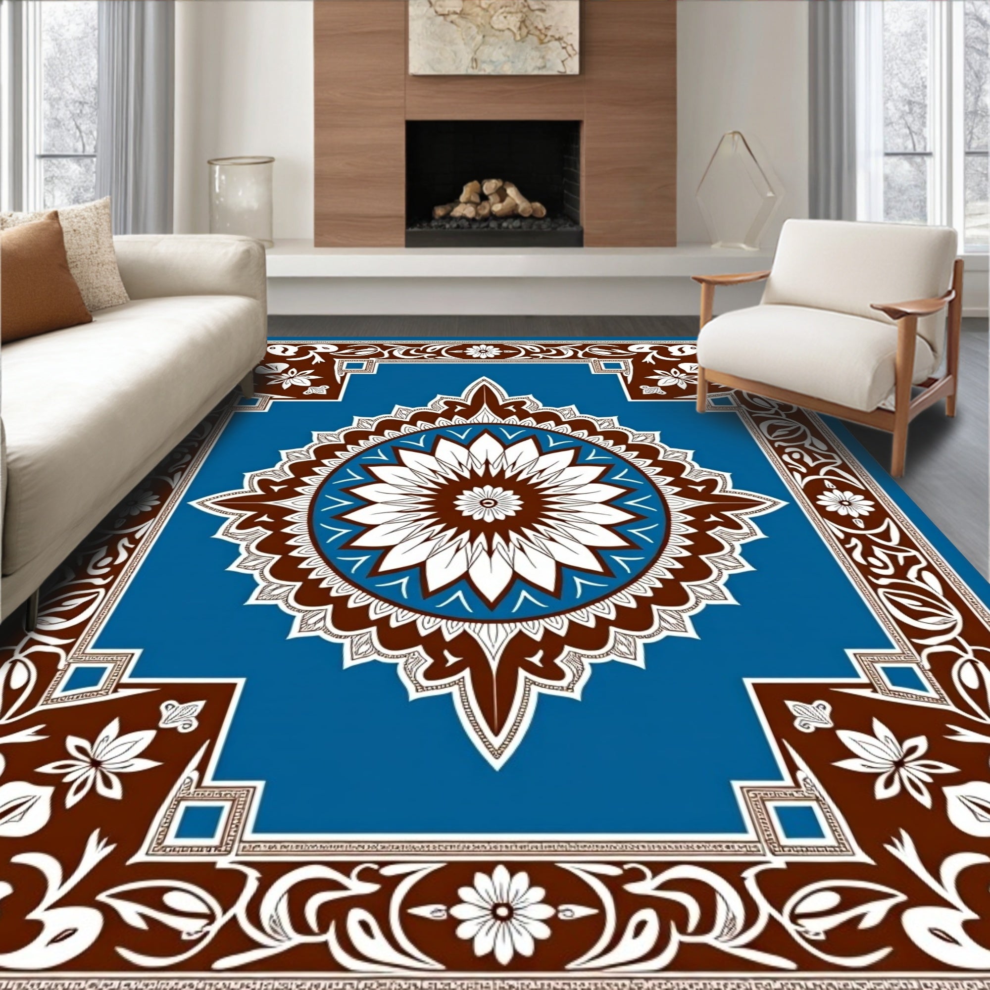 Blue Brown White Floral Mandala Rug