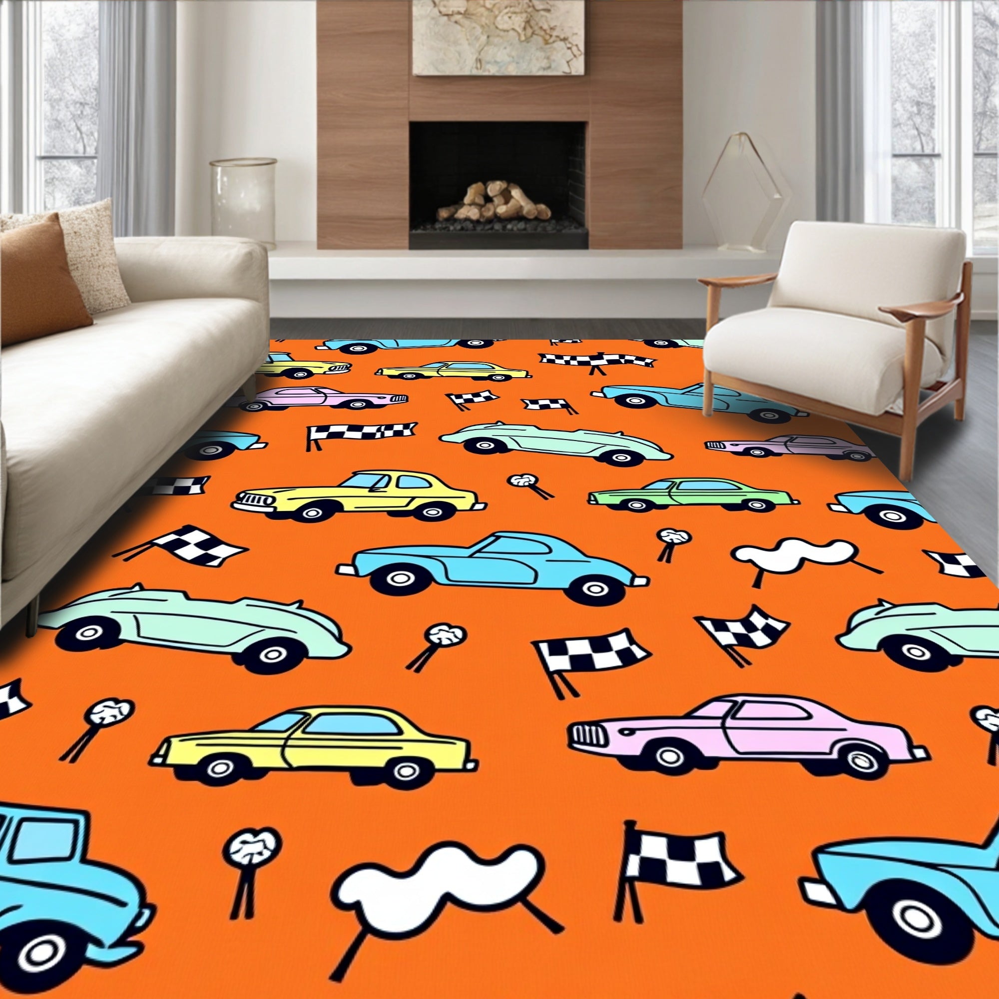Retro Cars Race Flags Whimsical Rug