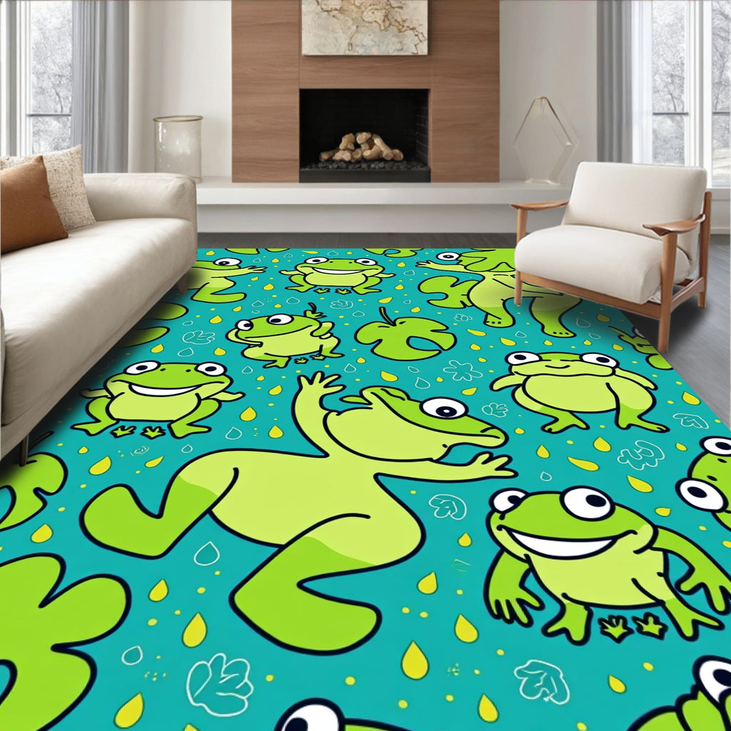 Whimsical Jumping Frogs Teal Background Rug