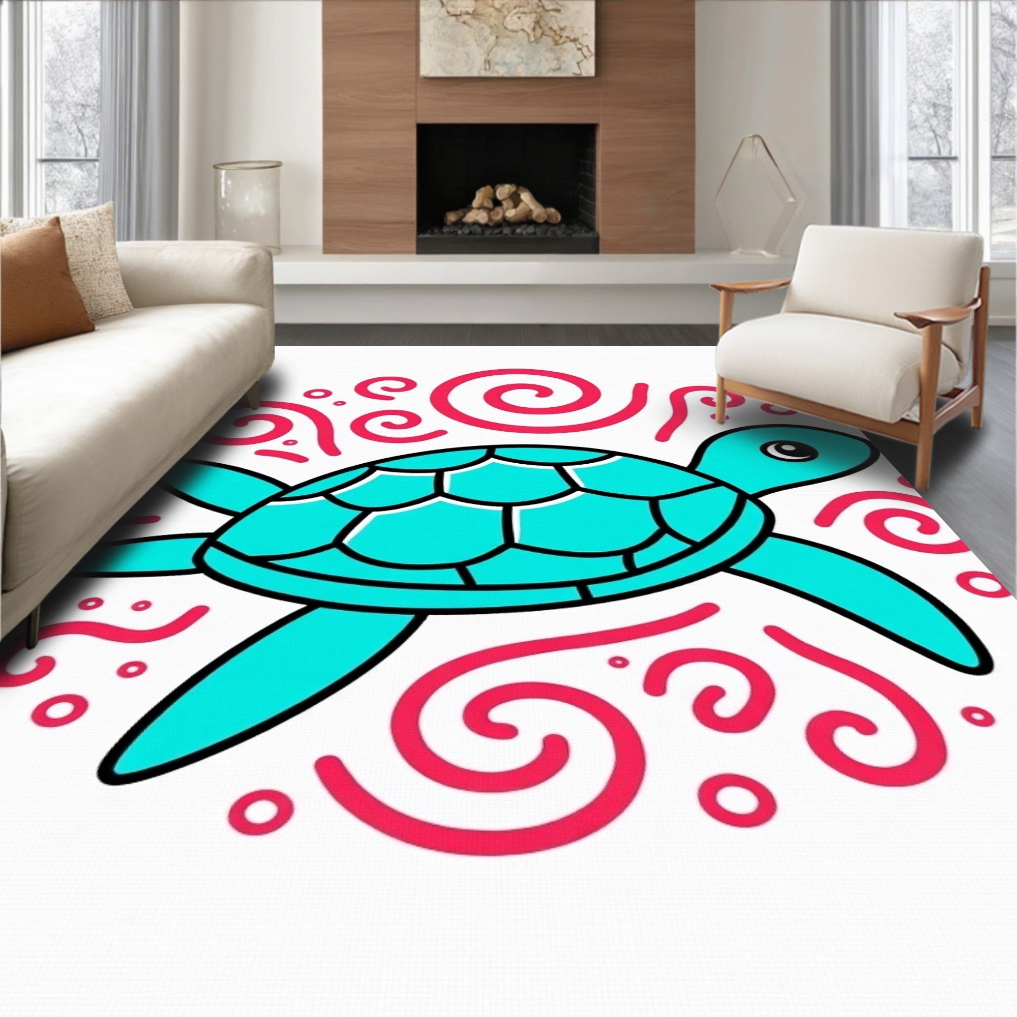 Turquoise Turtle Swirls Water Scene Rug