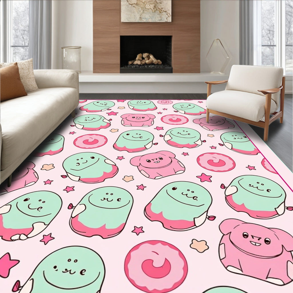 Pink Mint Kawaii Characters Stars Rug