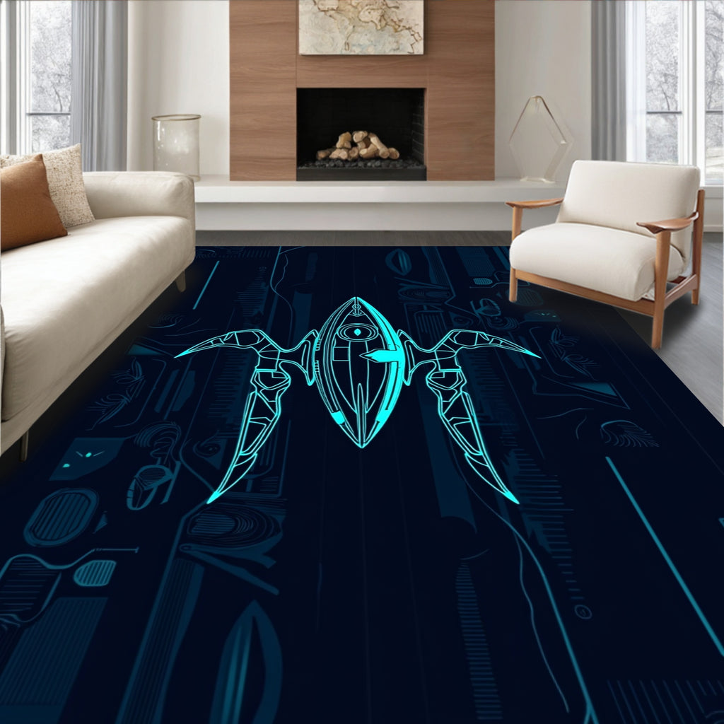 Futuristic Neon Blue Abstract Spaceship Rug