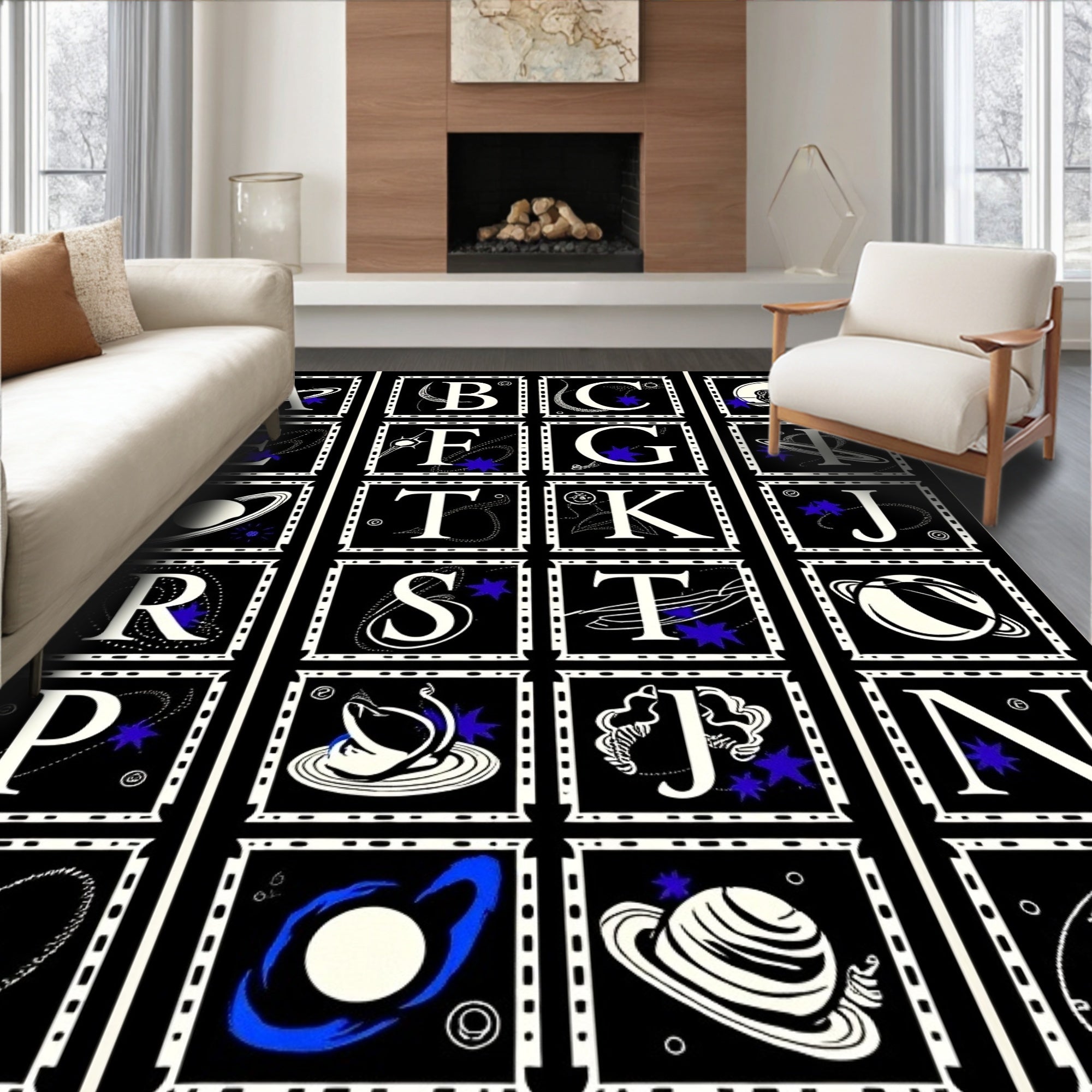 Cosmic Alphabet Blue Star Celestial Rug