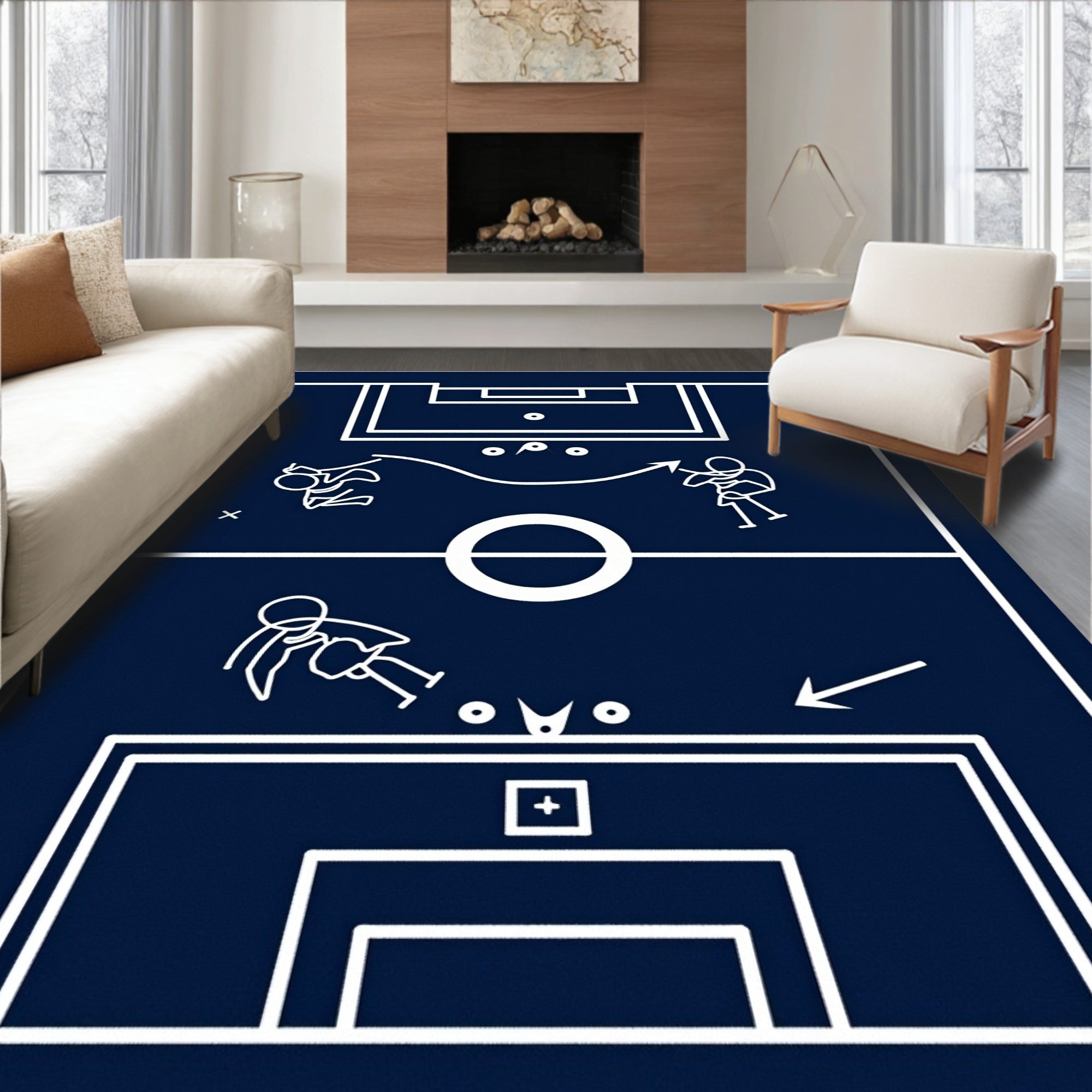 Navy Blue Soccer Play Diagram Rug