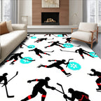 Dynamic Black Hockey Player Silhouette Aqua Burst Rug