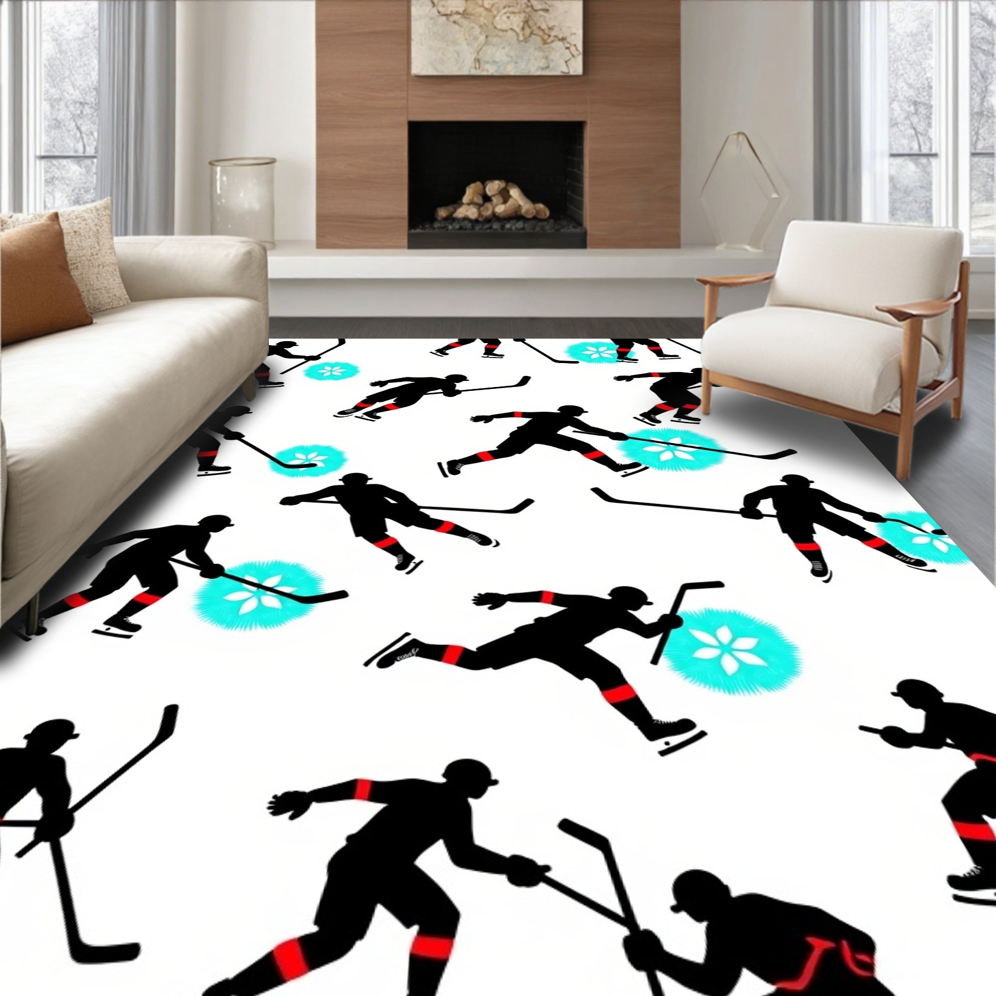 Dynamic Black Hockey Player Silhouette Aqua Burst Rug
