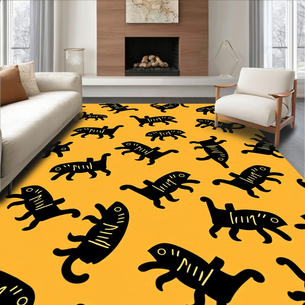 Whimsical Black Creatures Orange Background Rug