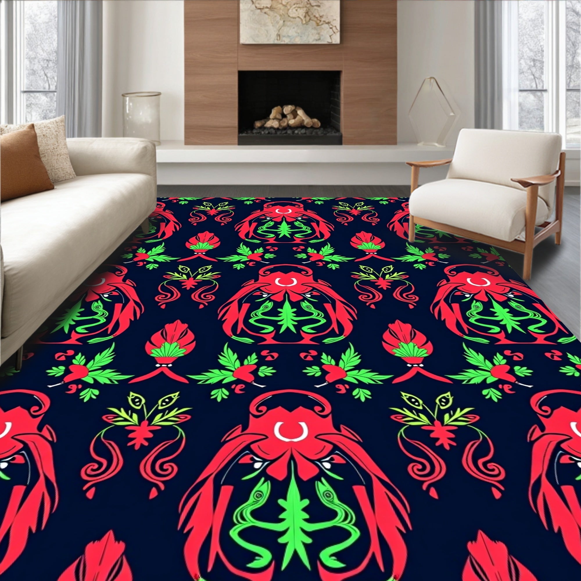 Crimson Green Kraken Garden Tile Rug