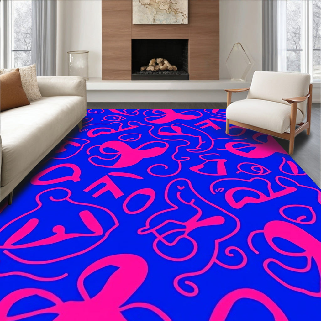Vibrant Pink Figurine Abstract Blue Rug