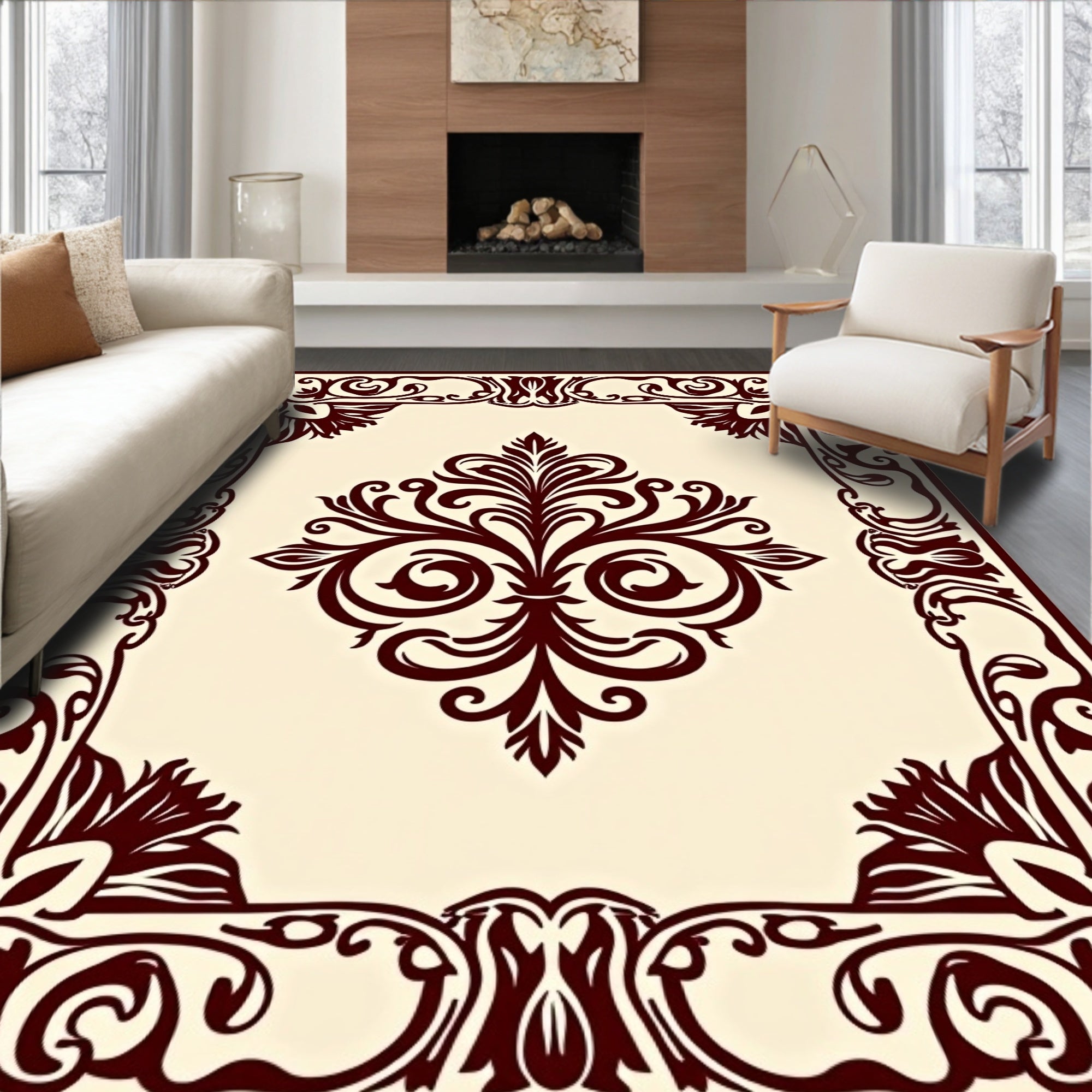 Vintaged Dark Red Floral Symmetry Rug
