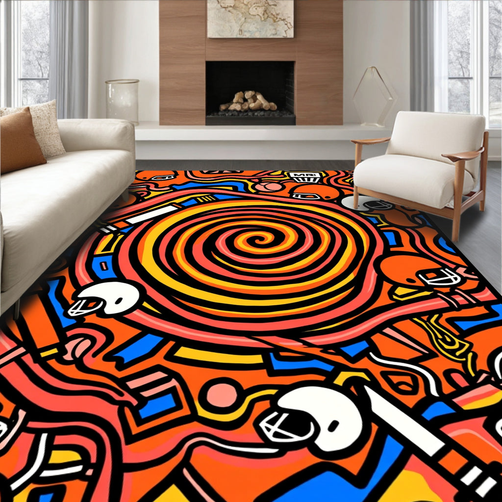 Orange Retro Football Helmet Swirl Rug