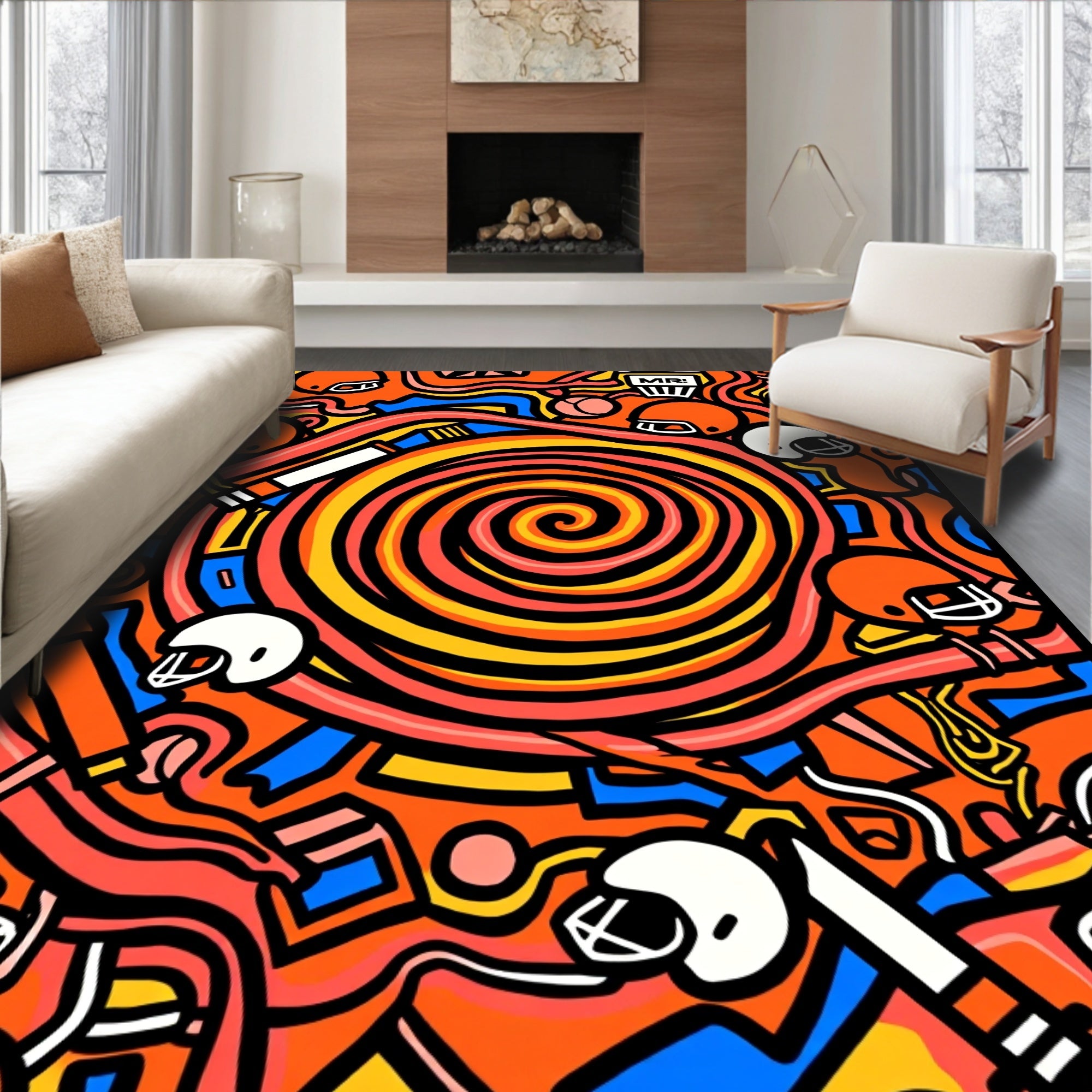 Orange Retro Football Helmet Swirl Rug