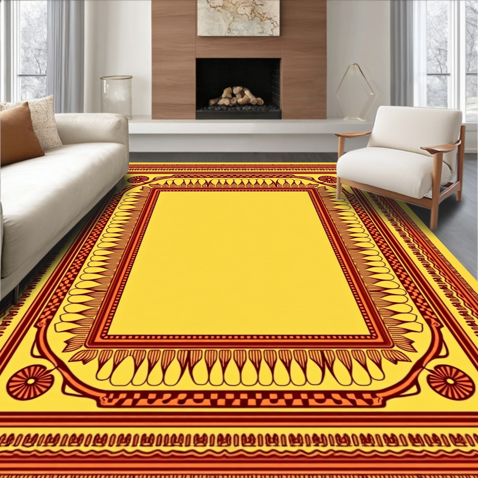 Golden Yellow Red Border Frame Rug