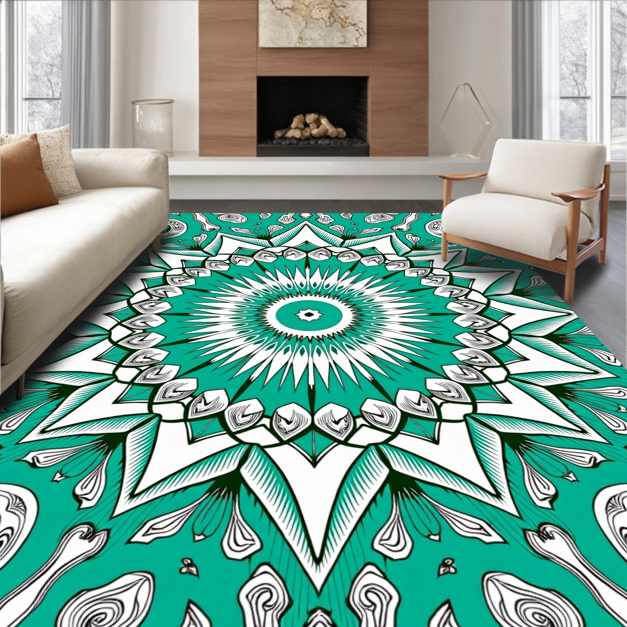 Vibrant Teal White Medallion Mandala Rug