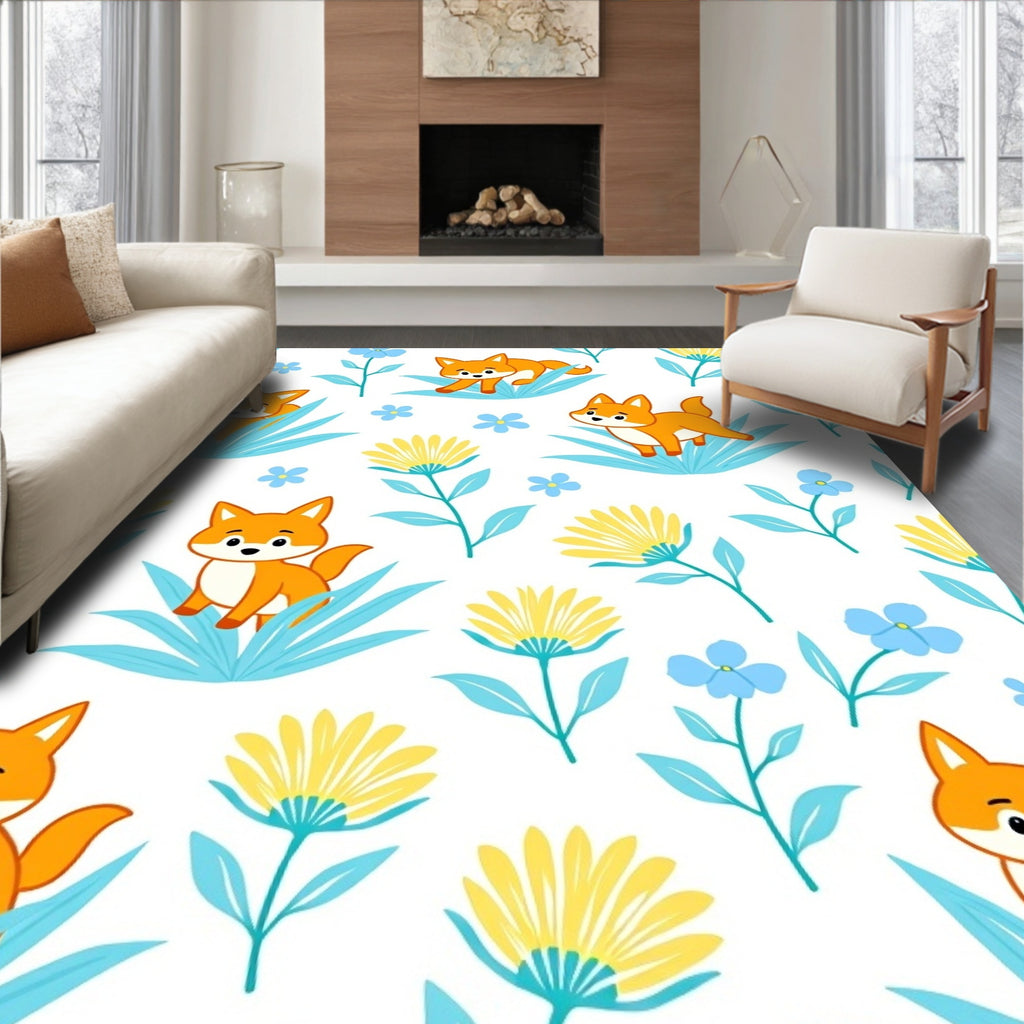 Whimsical Orange Fox Floral Meadow Rug