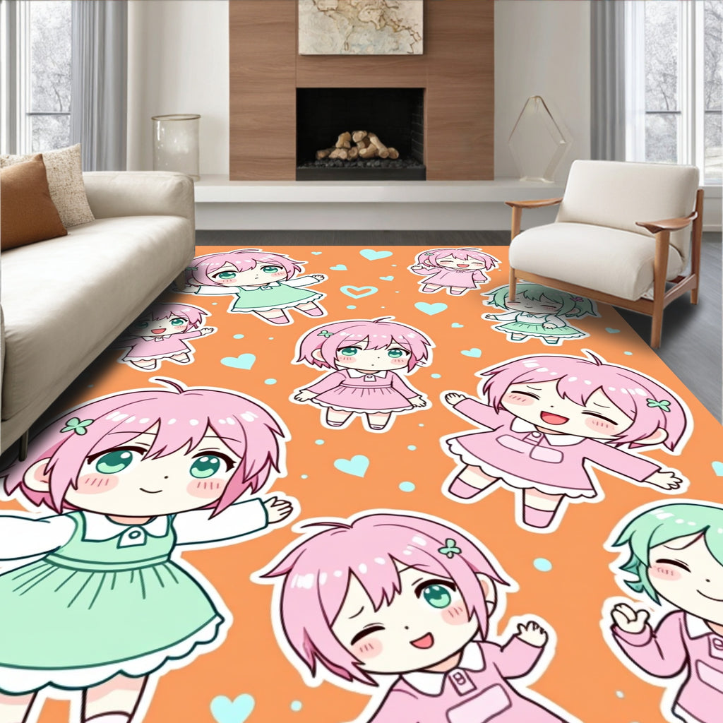 Cute Chibi Kawaii Characters Pink Green Hearts Rug