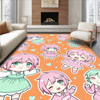 Cute Chibi Kawaii Characters Pink Green Hearts Rug