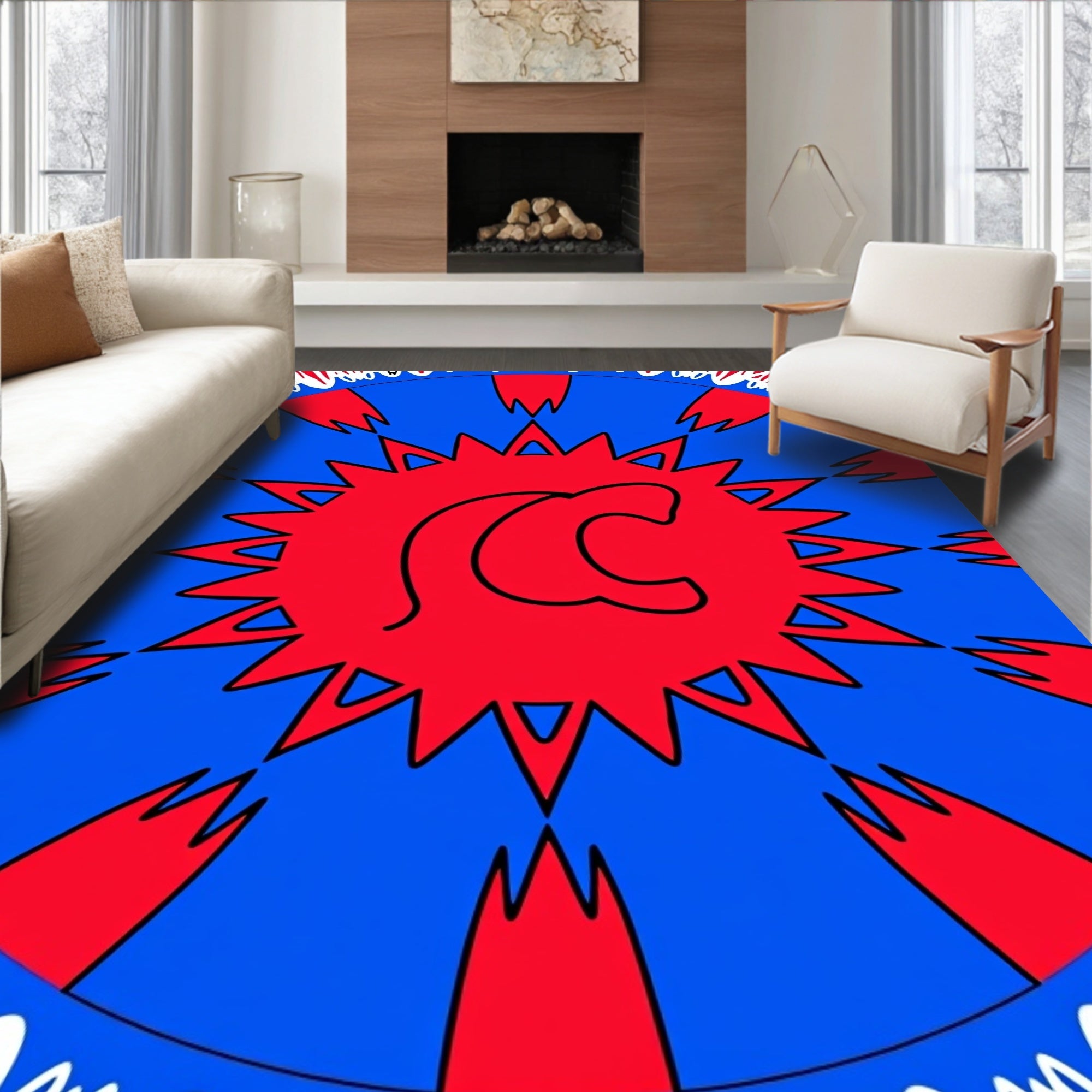Bold Red and Blue Sunburst Rug