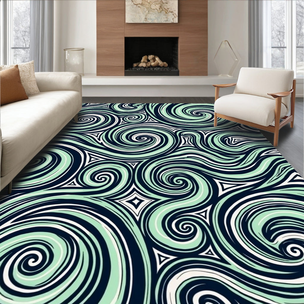 Aqua Swirls with White Triangles Navy Rug