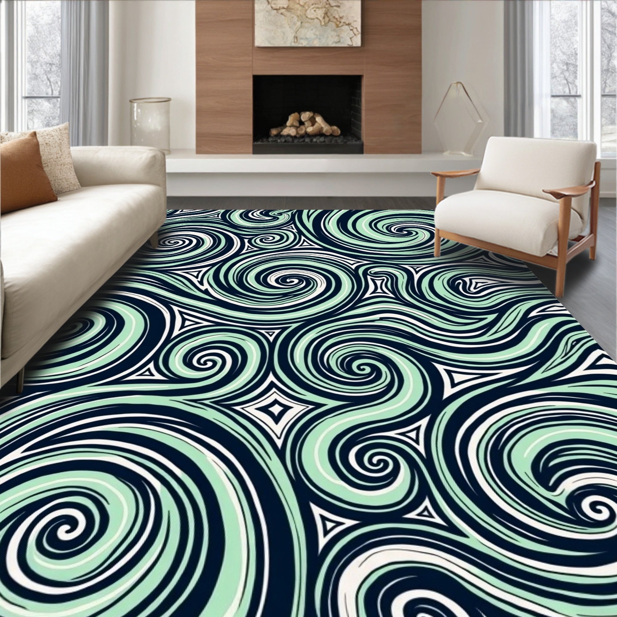 Aqua Swirls with White Triangles Navy Rug