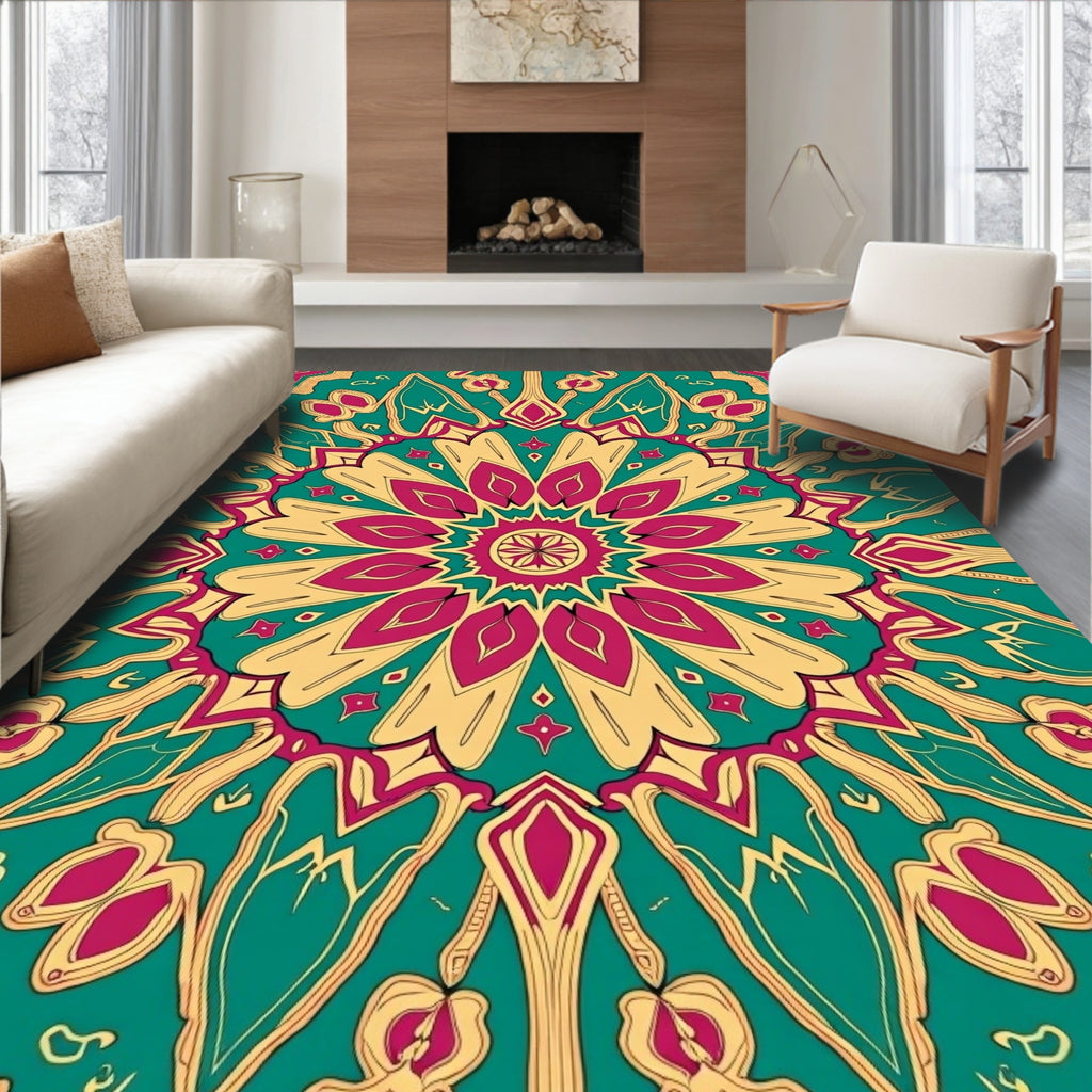 Vibrant Teal Magenta Floral Mandala Rug