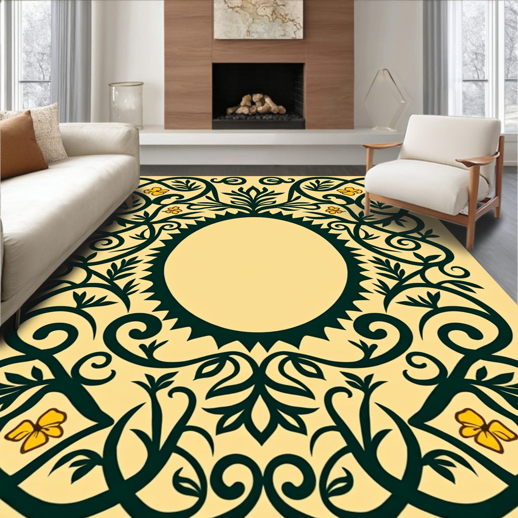 Dark Green Yellow Floral Oval Frame Rug