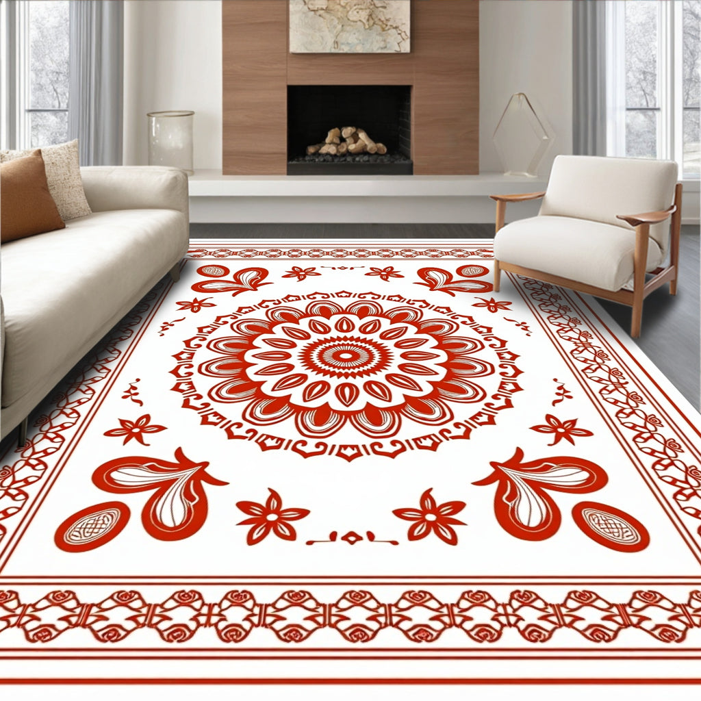 Crimson Floral Mandala Border Rug