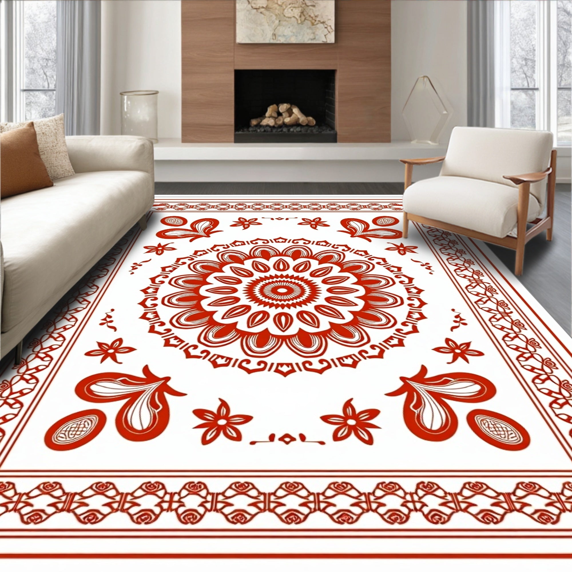 Crimson Floral Mandala Border Rug
