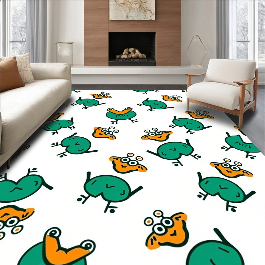 Whimsical Green Frog Orange Character Rug