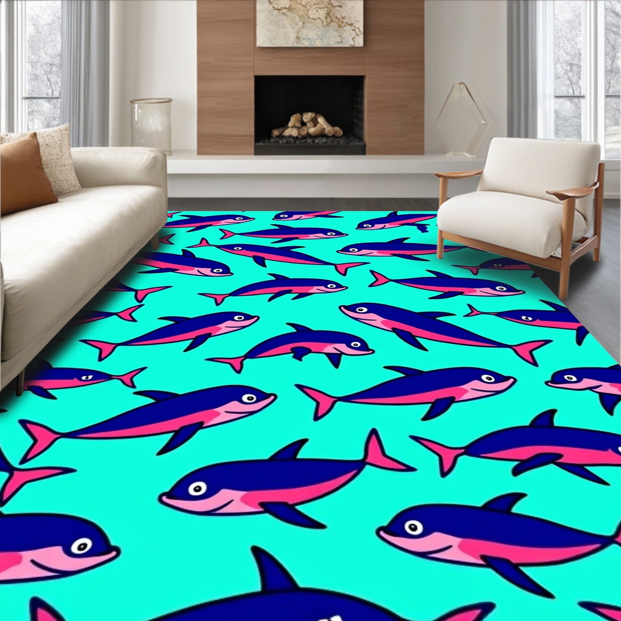 Playful Blue Pink Dolphin Collage Rug