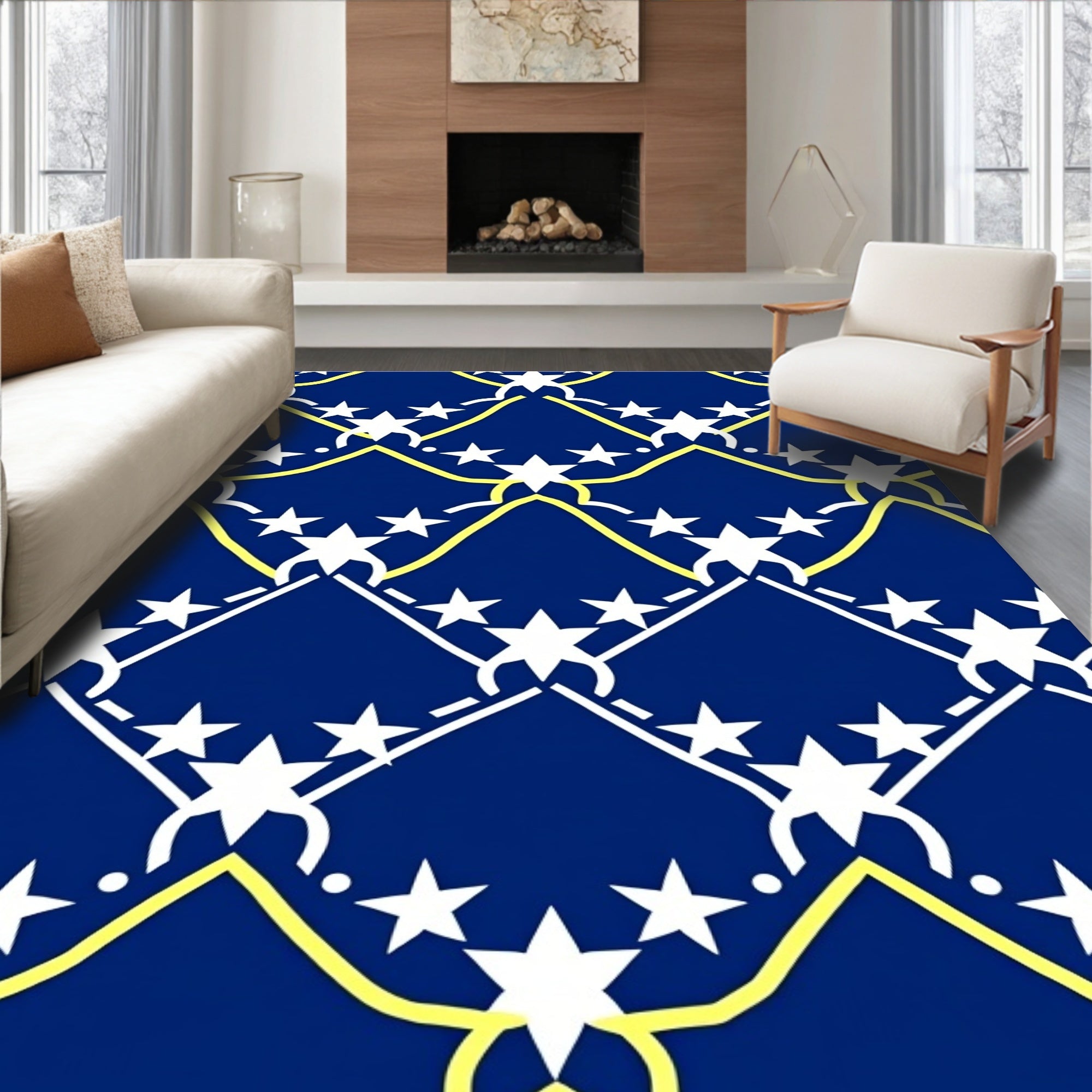 Deep Blue Yellow White Star Grid Rug