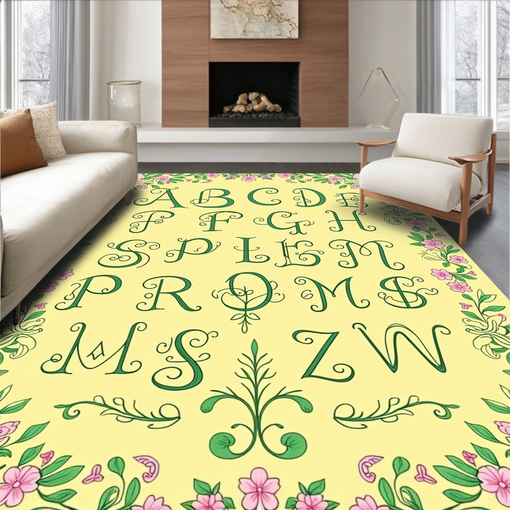 Green Floral Alphabet Border Accent Rug
