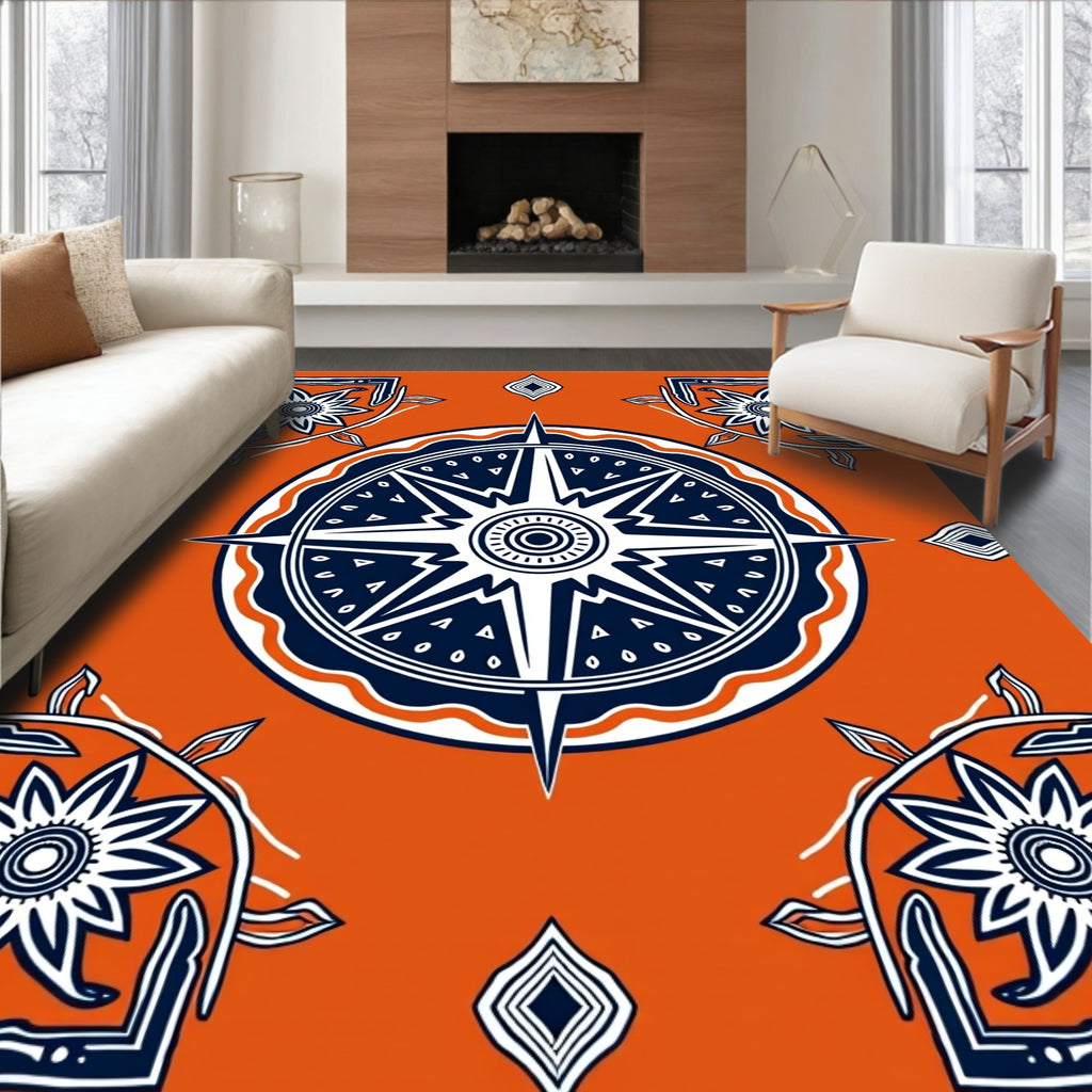 Orange Navy Starburst Floral Medallion Accents Rug