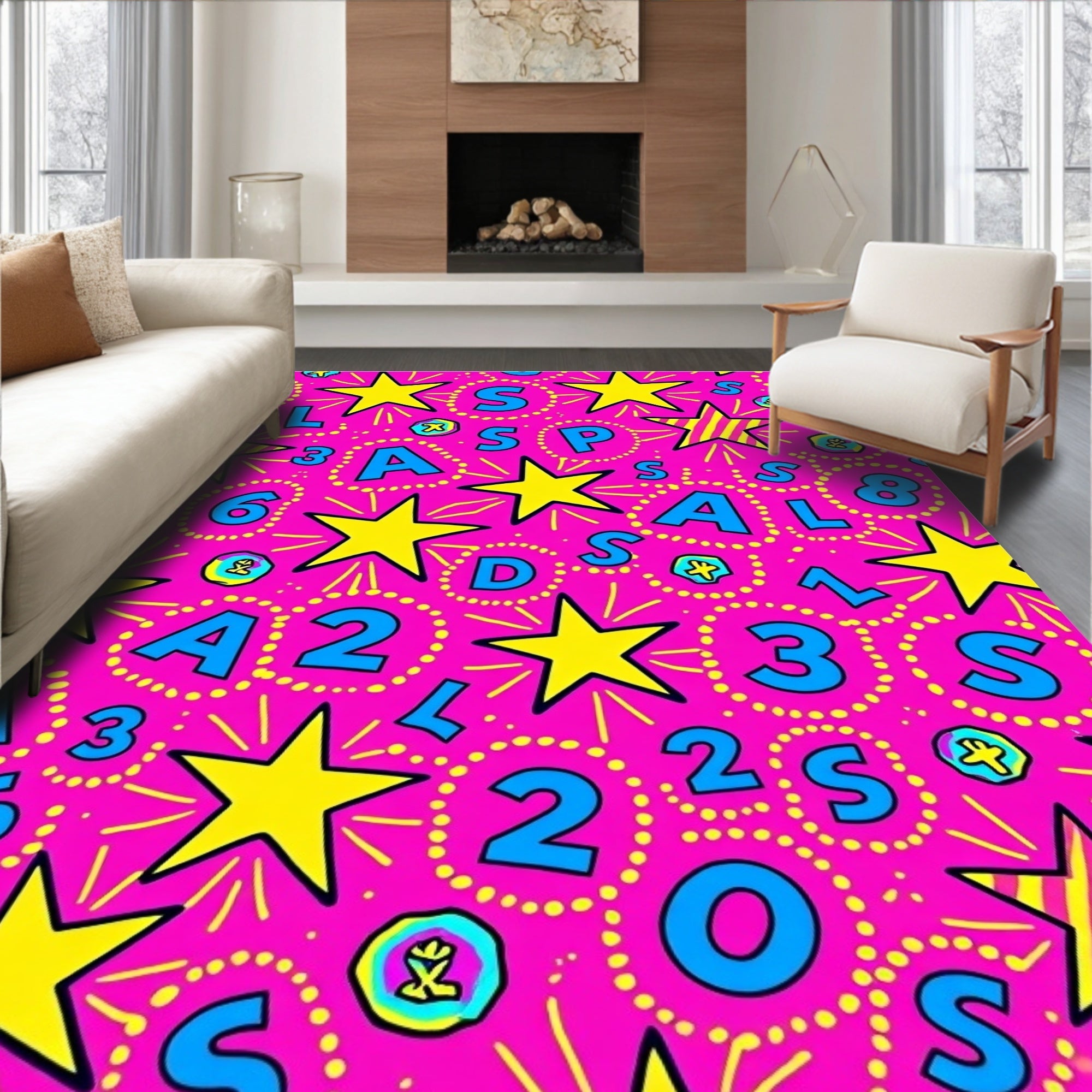 Funky Pink Star Alphabet Abstraction Rug