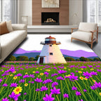Vibrant Purple Floral Lighthouse Landscape Rug