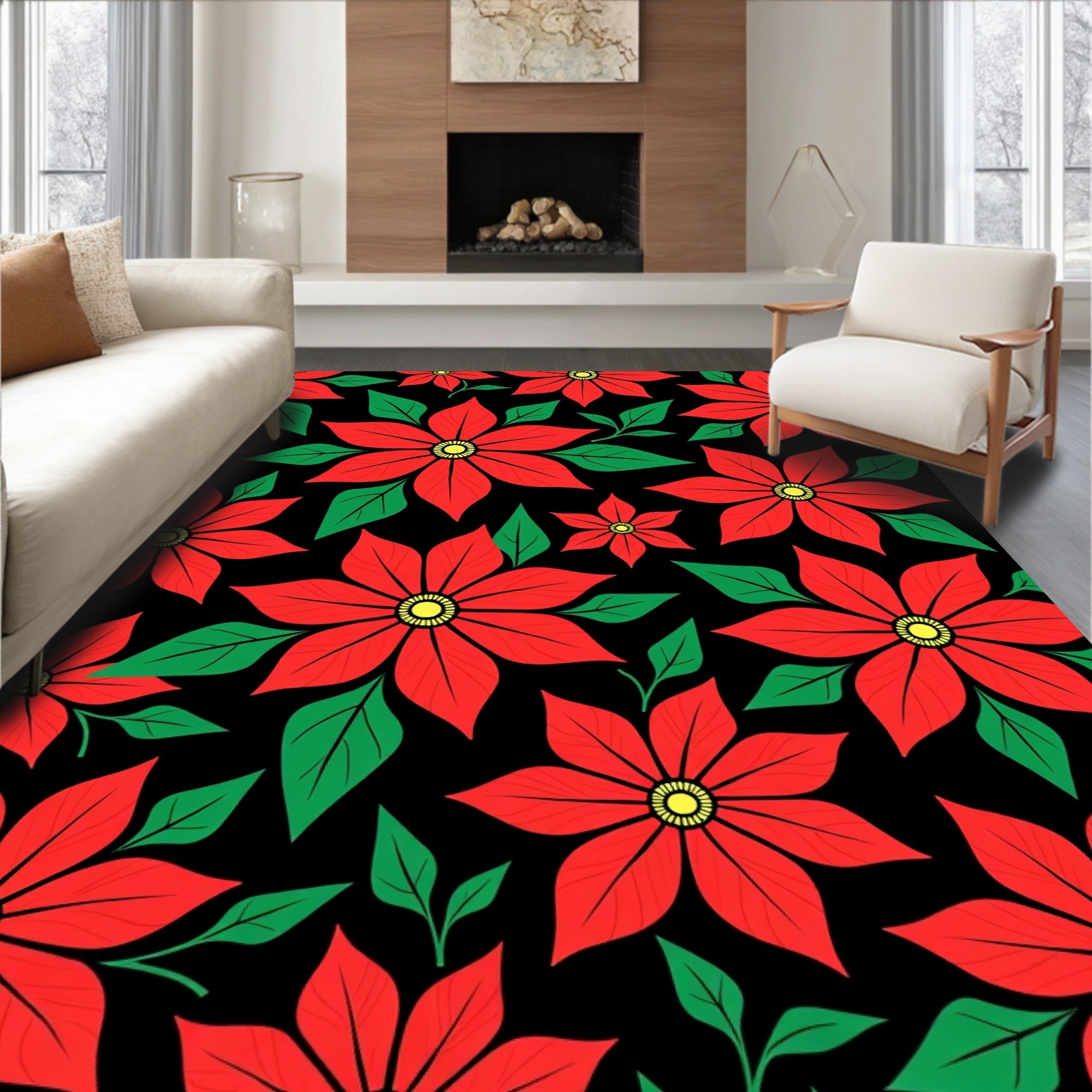 Bold Red Poinsettia Floral Background Rug
