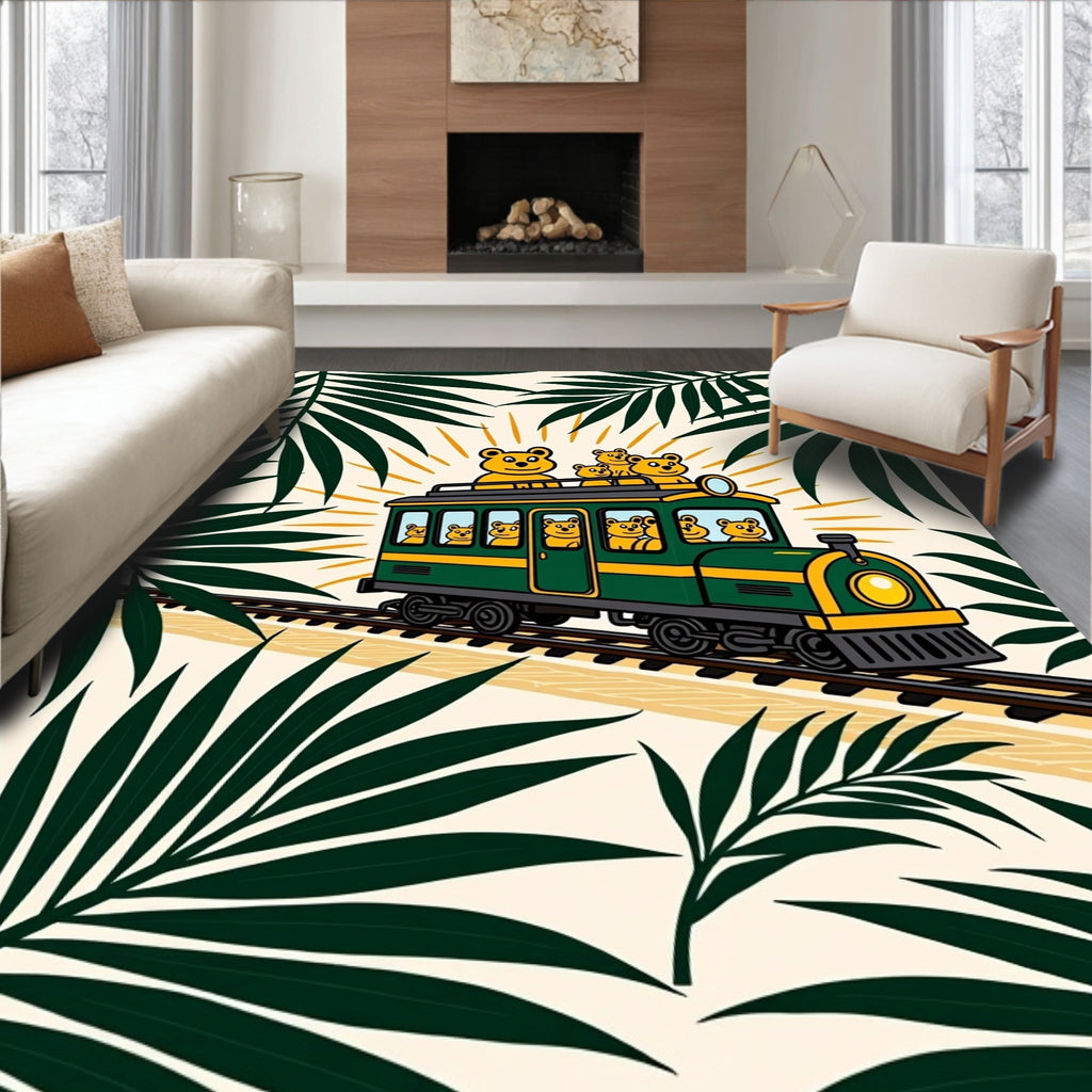 Green Train with Yellow Bears Tropical Journey Rug