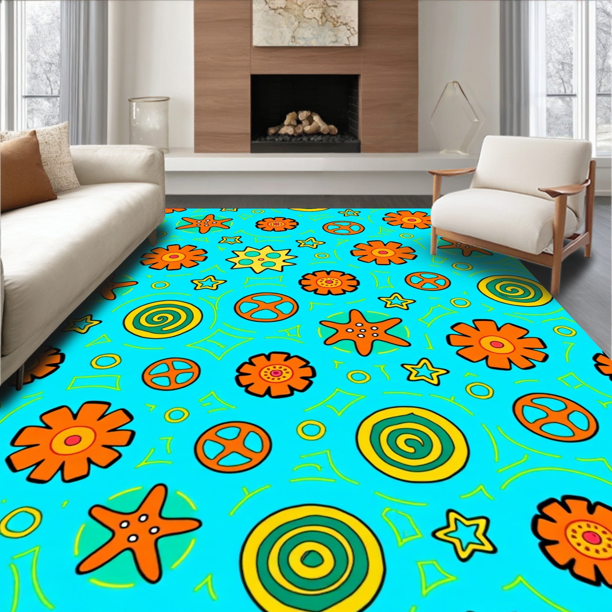 Funky Orange Starfish Swirls Rug