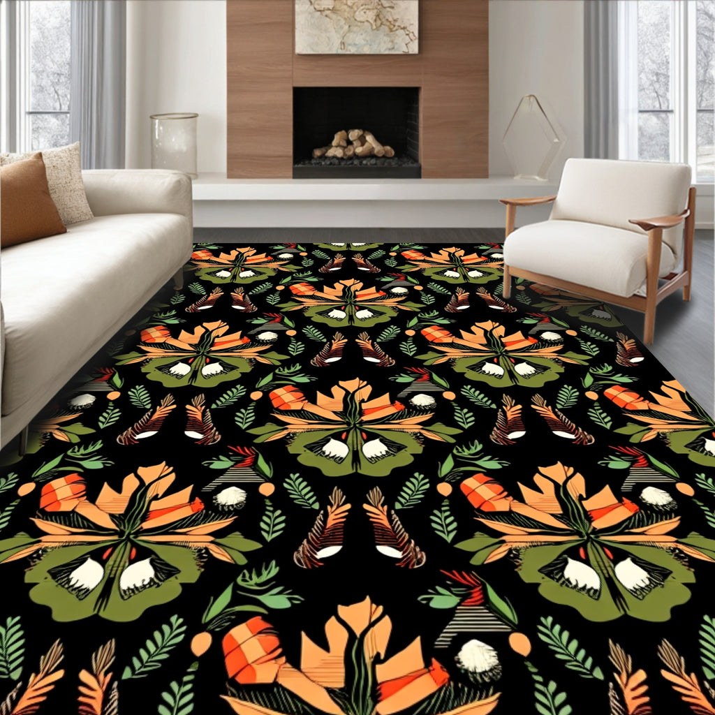 Orange Green Floral Abstract Repeating Rug