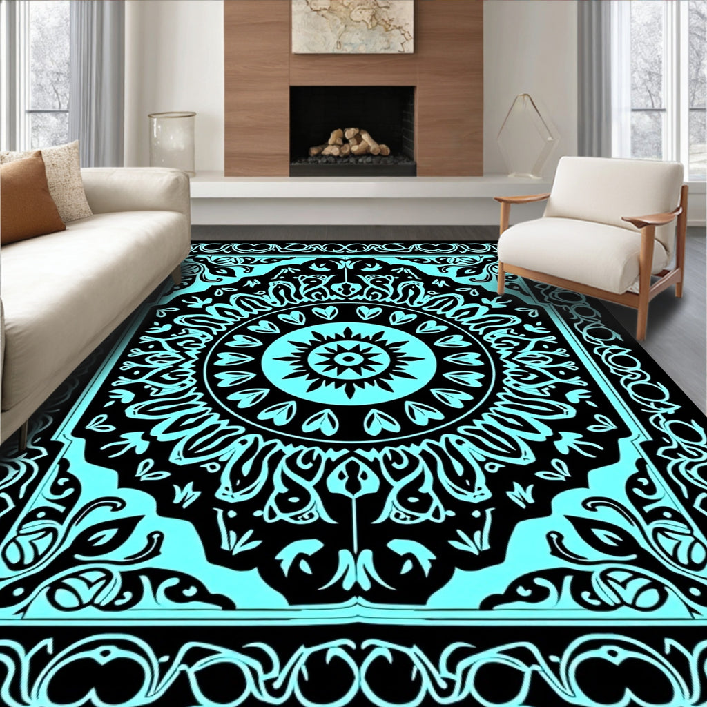 Aqua Black Intricate Medallion Border Rug