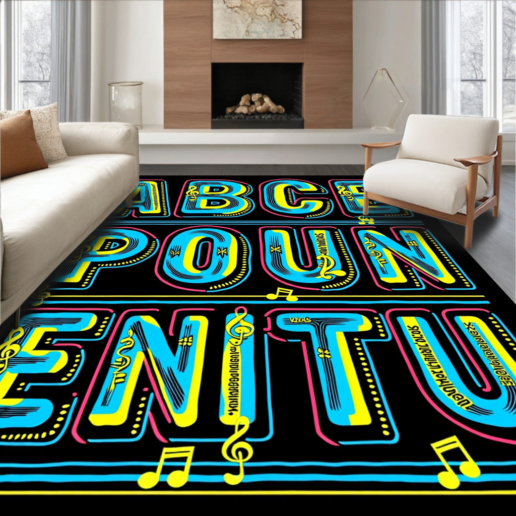 Vibrant Blue Yellow Neon Alphabet Rug